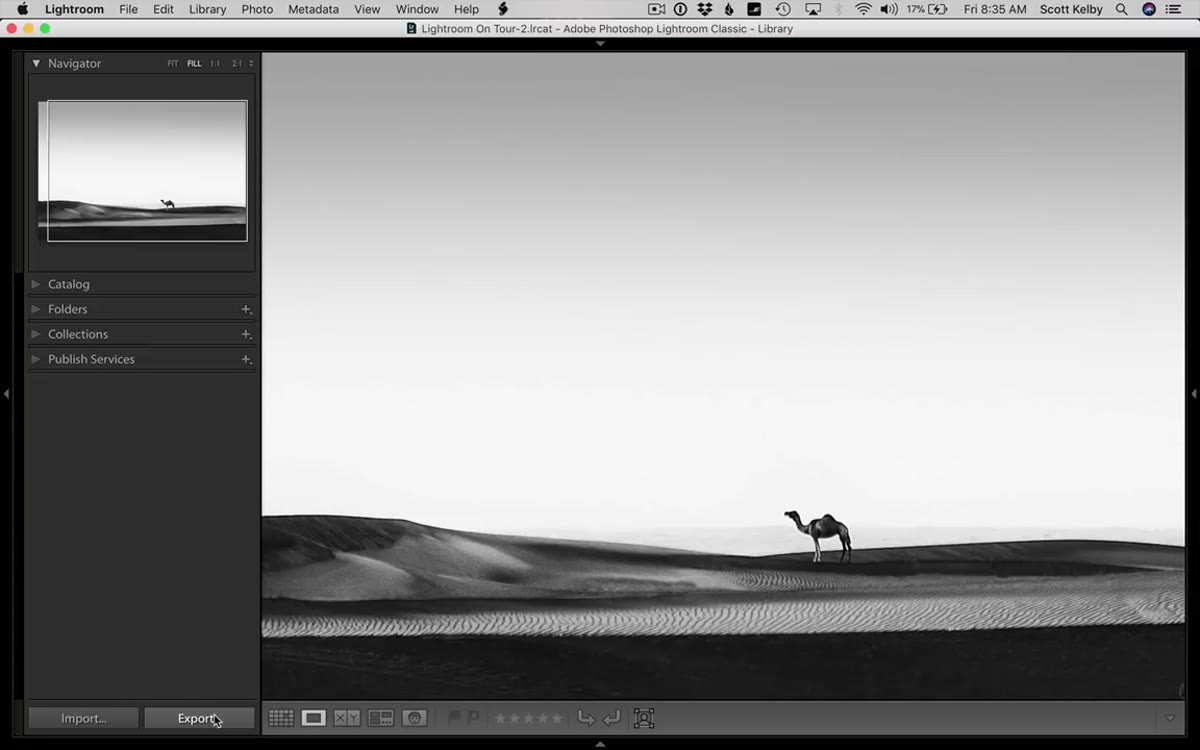 Export button in the bottom left of Lightroom&rsquo;s Library module