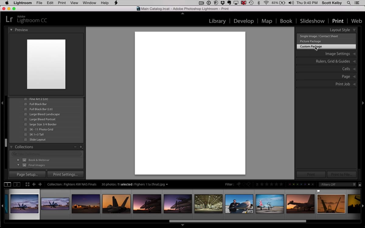 Lightroom Print module with Custom Package selected in layout panel