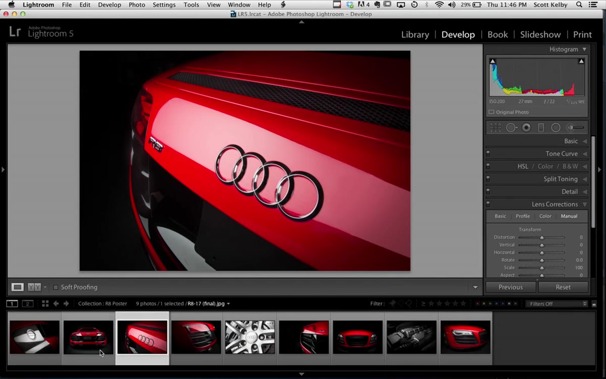 Nine Audi R8 images selected in Lightroom Library grid
