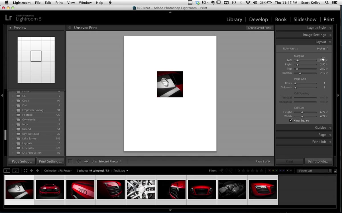 Layout panel open showing margin fields and page grid row column sliders