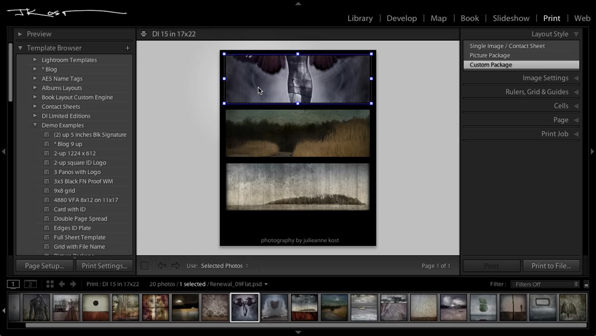 Left panel showing print templates list with custom template options