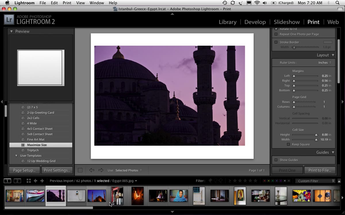 Lightroom Print module open with Egypt and Greece travel photos