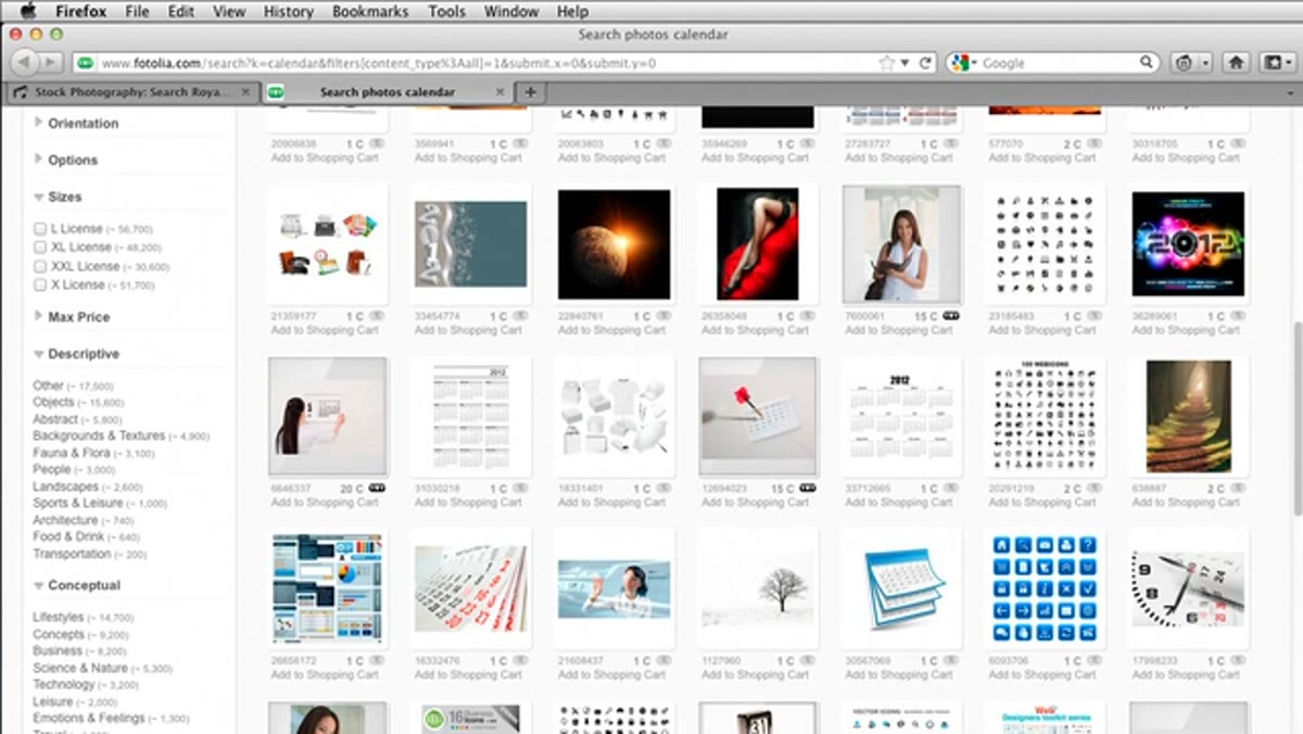 Stock website search results showing calendar template options