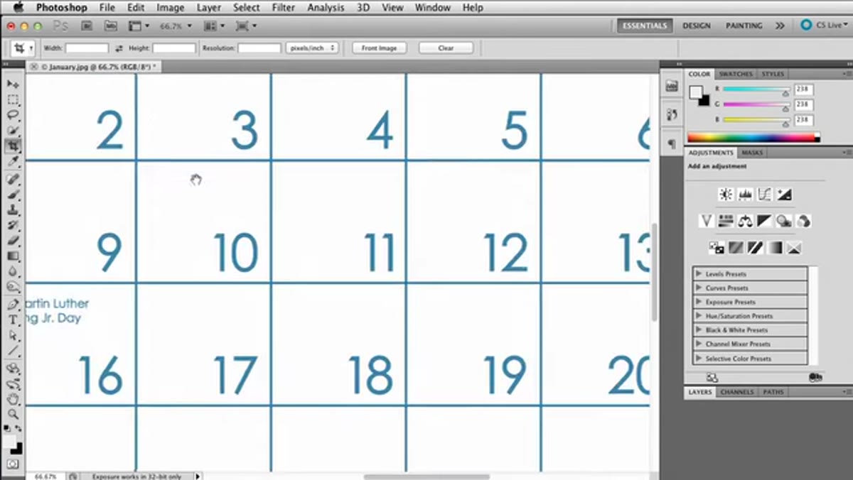Photoshop crop tool being dragged along the template border