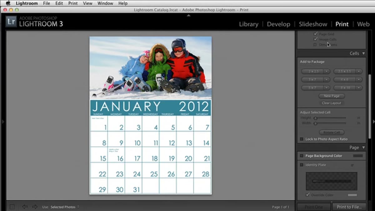 Lightroom Print Module with Custom Package layout selected