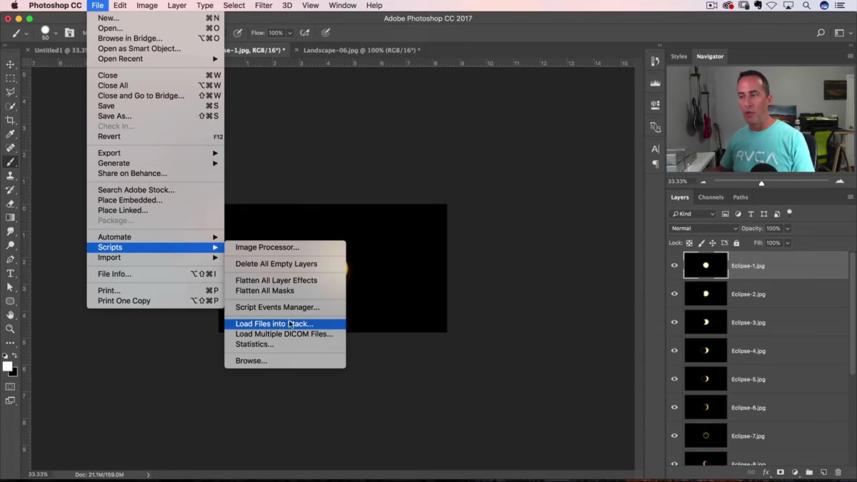 Photoshop File menu open showing Scripts submenu