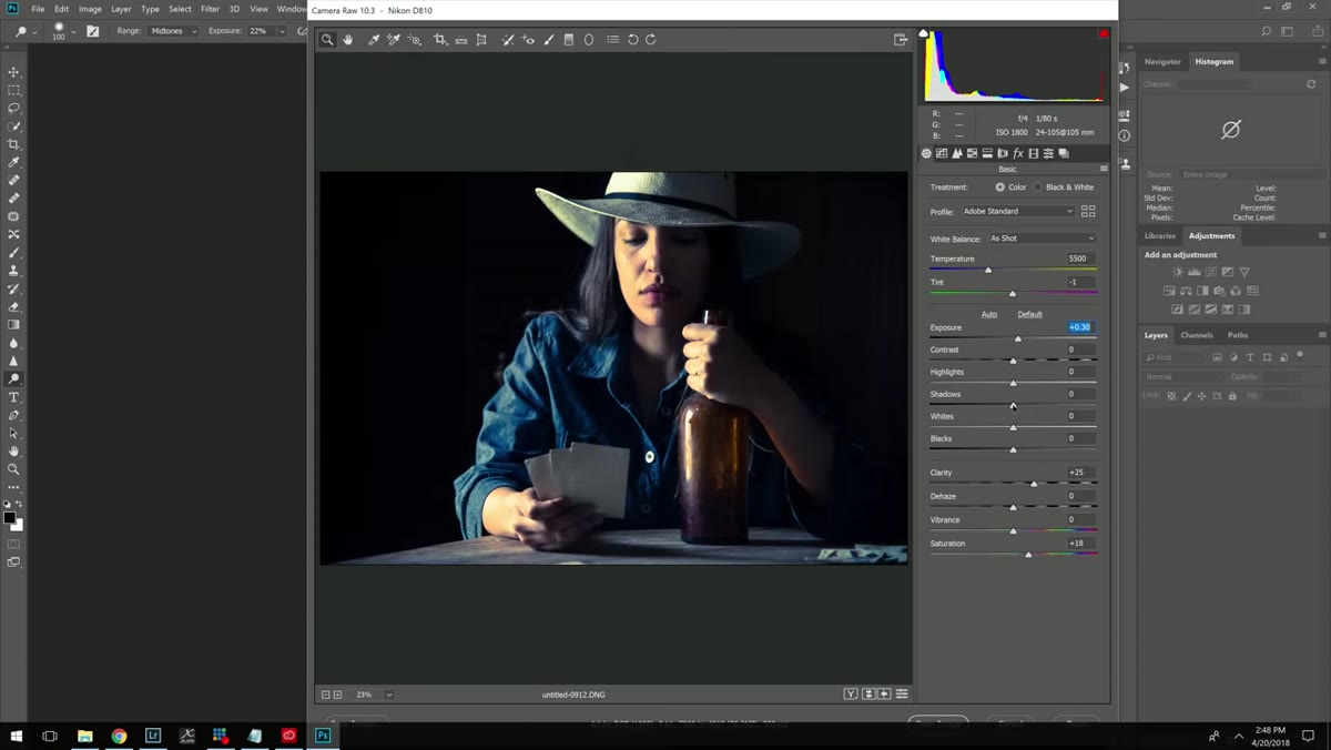 Adobe Camera Raw sliders adjusted for washed-out cinematic look