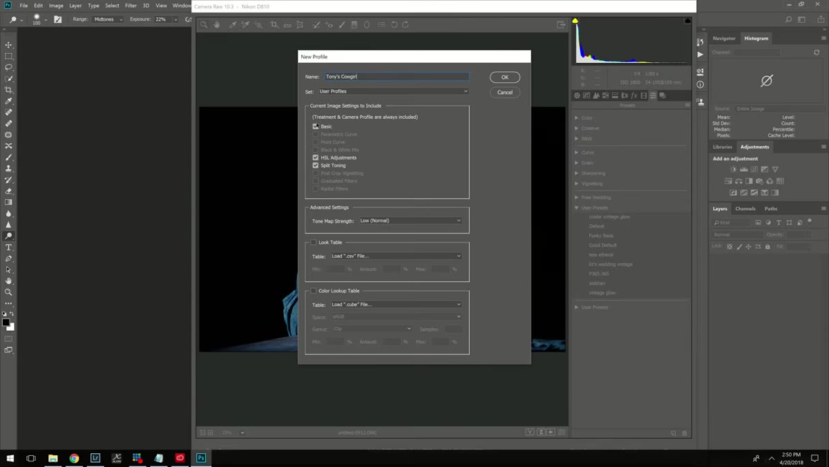 New Profile dialog showing checkboxes for settings groups