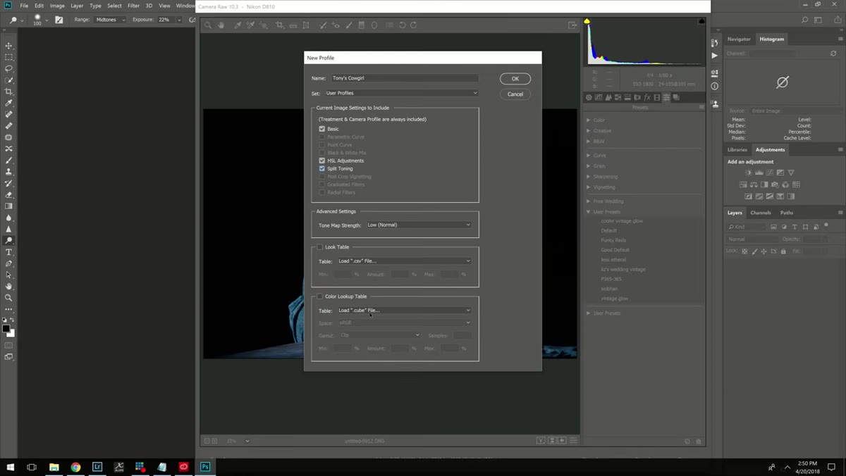 Color Lookup Table section with .cube file browser open