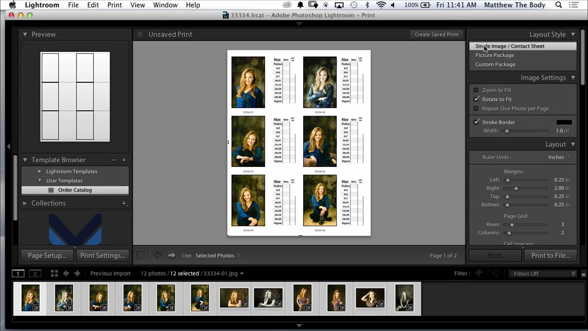 Lightroom Print module open with layout options visible