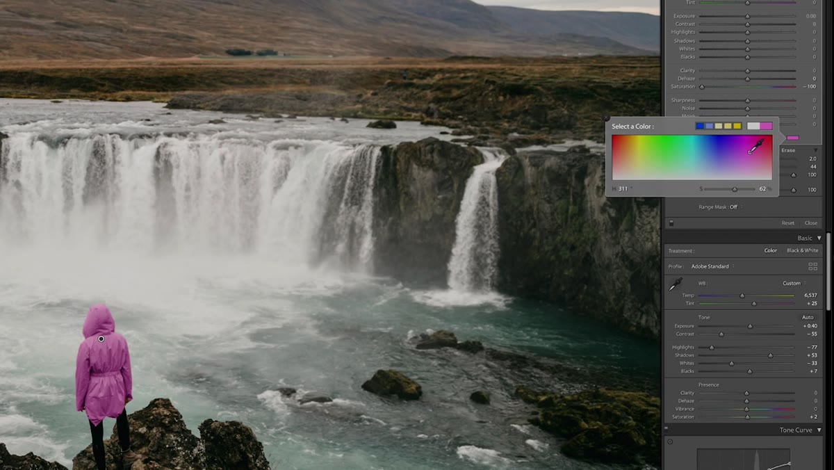 Color picker open with pink hue selected in brush panel