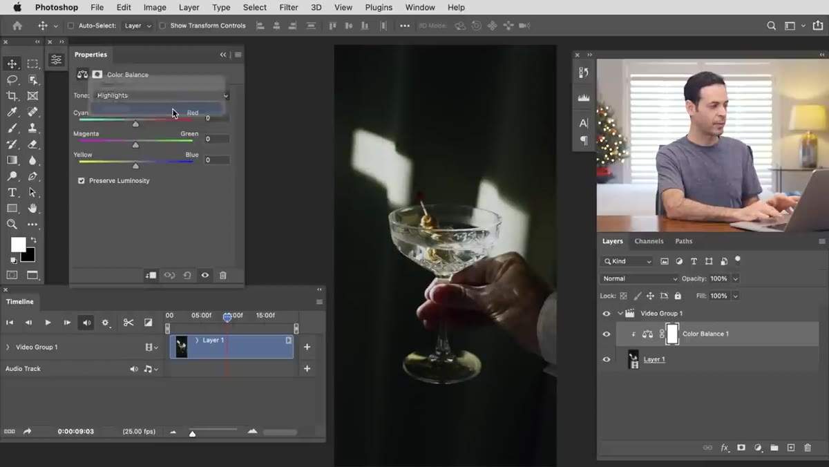 Color Balance panel open with Highlights controls visible