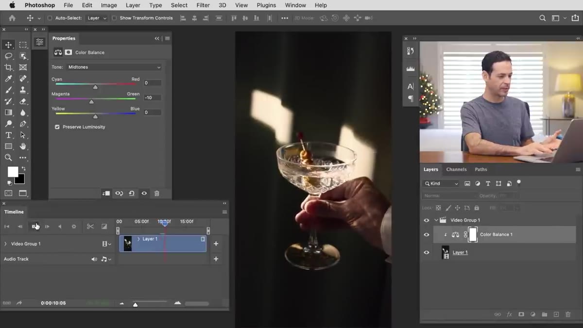 Timeline playback with the Color Balance layer active
