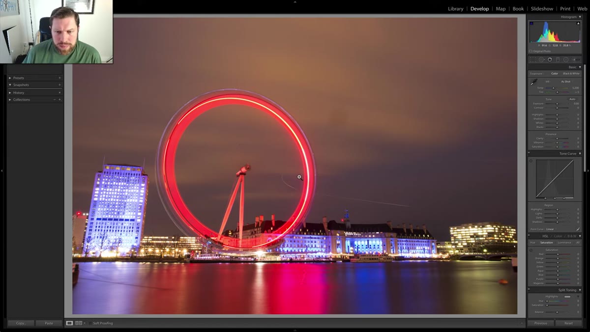 Raw London Eye image open in Lightroom Develop module