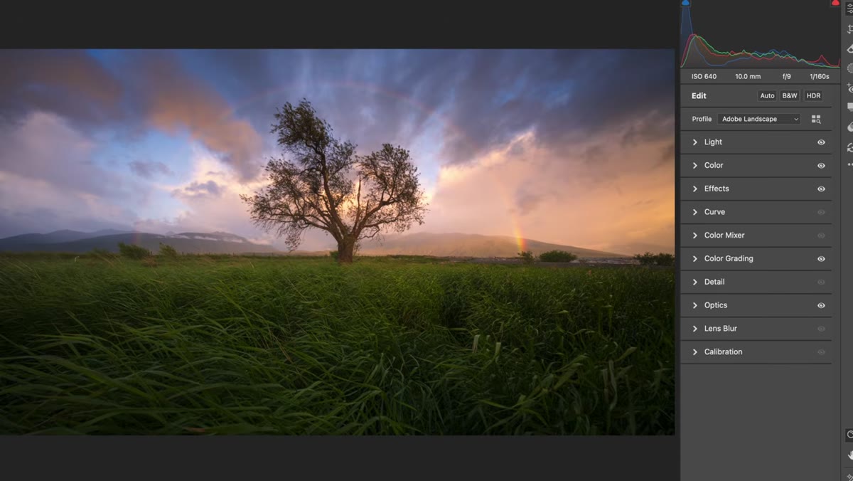 Color grading sliders being adjusted to recover warm sunrise tones