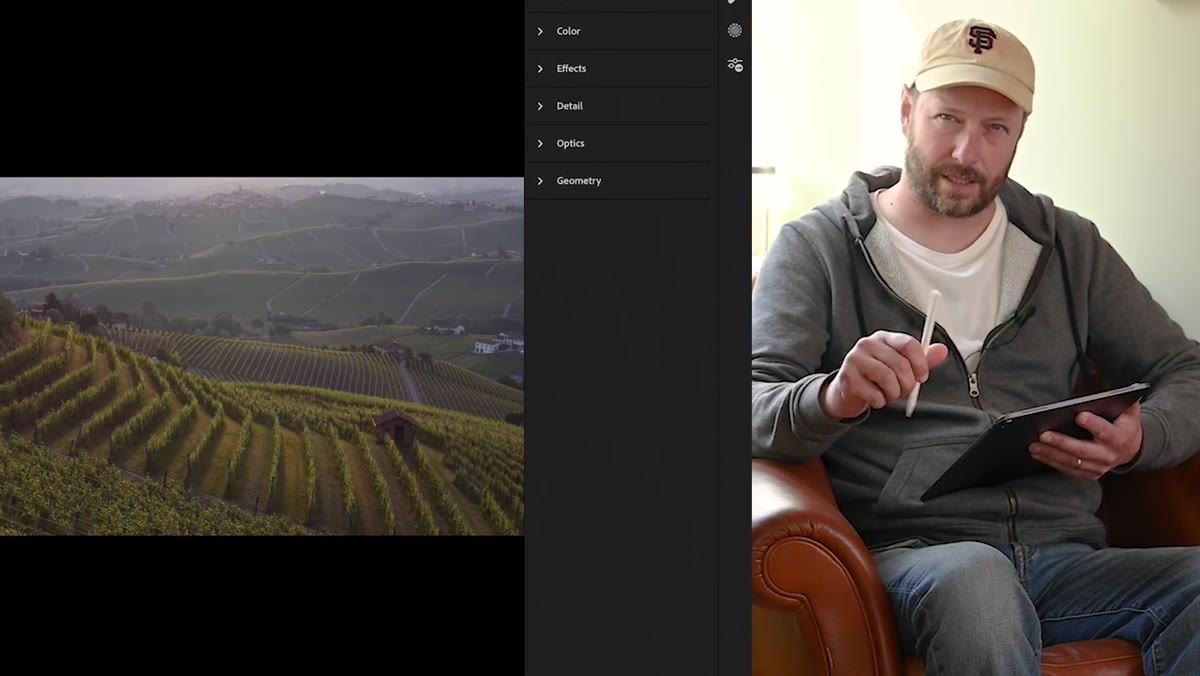 Applying a preset to a vineyard sunrise image in Italy