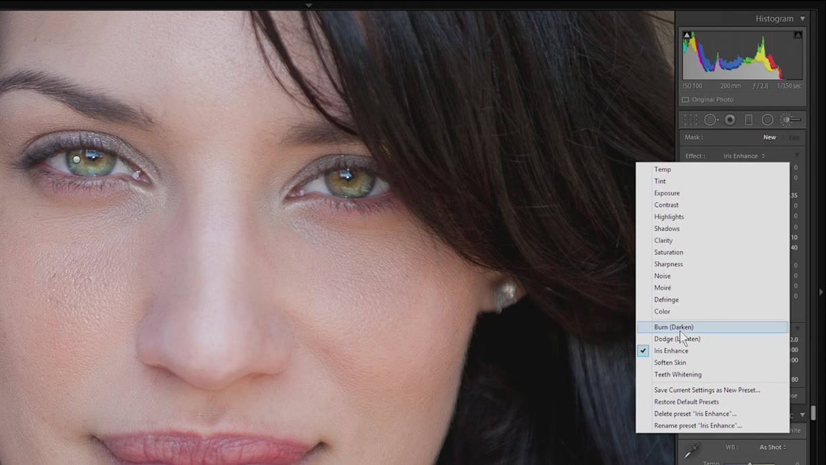 Dodge effect selected, mask showing whites of eye painted