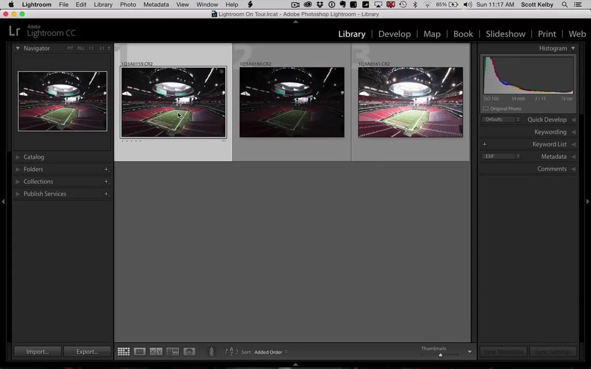 Three bracketed images shown in Lightroom grid view