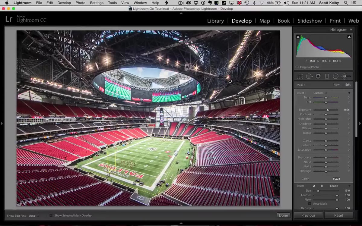 Adjustment Brush being applied to the stadium field
