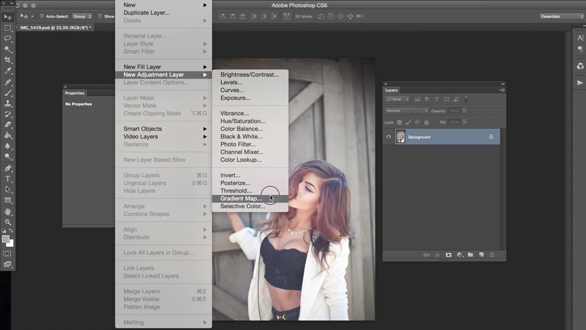 Navigating to Layer, New Adjustment Layer, Gradient Map