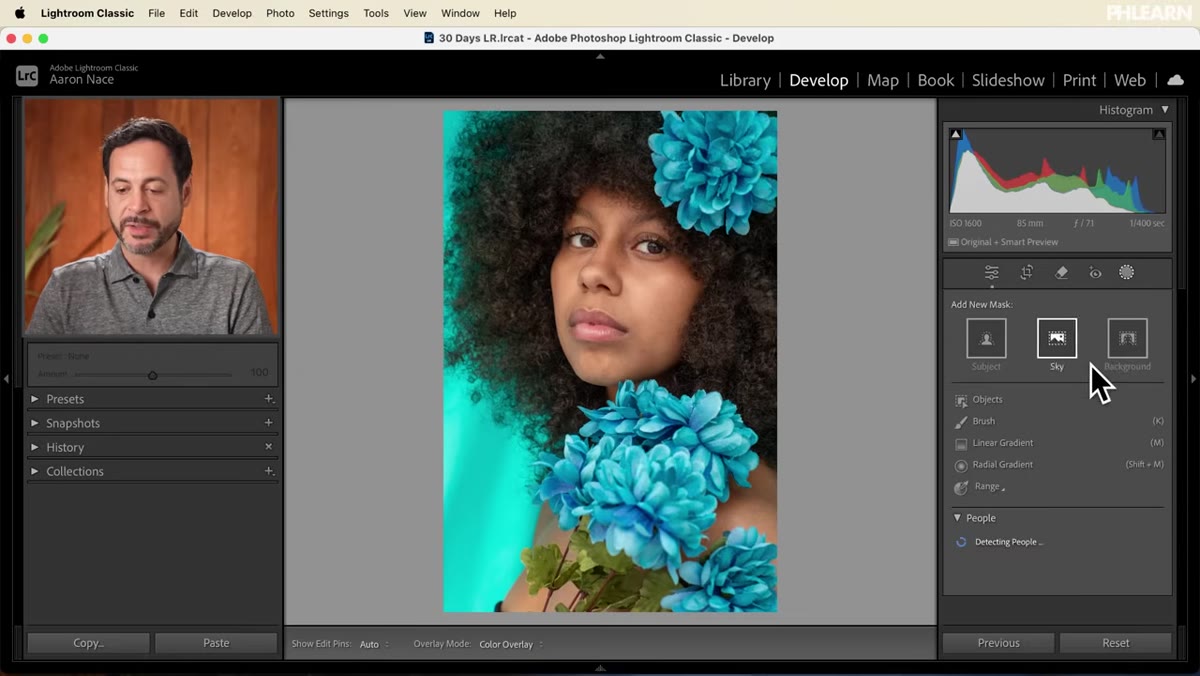 Lightroom masking panel with Select Subject overlay visible