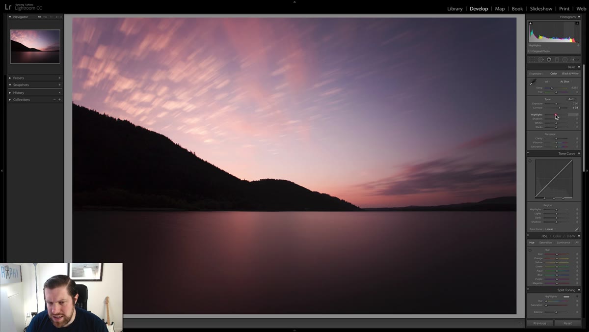Highlights slider pulled down, Shadows slider increased