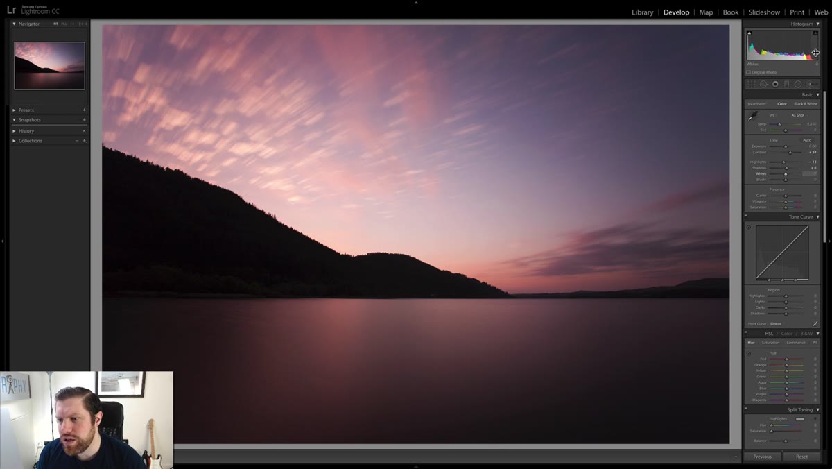 Whites slider being dragged while histogram edge is watched