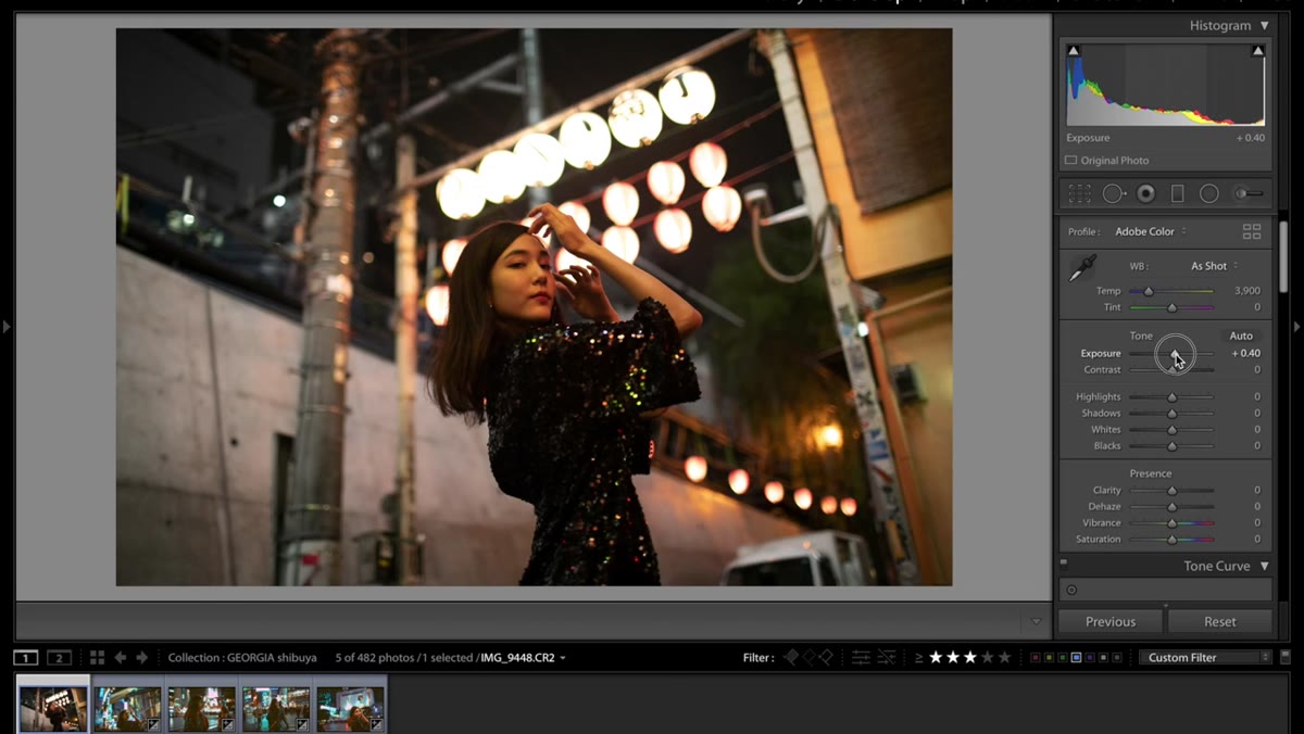 Exposure slider raised, contrast slider lowered in Basic panel