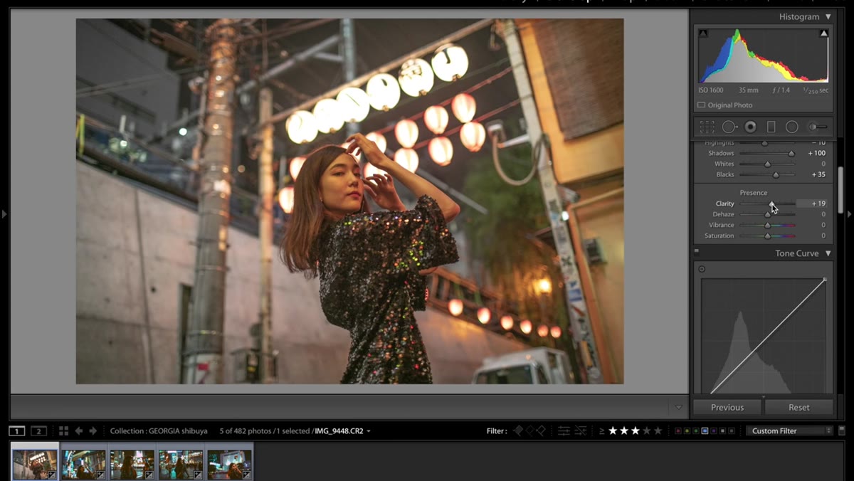 Clarity, vibrance, and saturation sliders adjusted in Basic panel