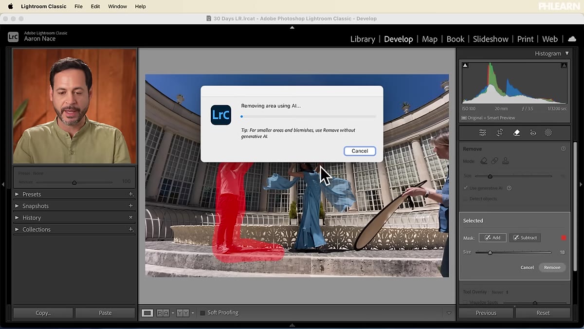 Lightroom processing the painted selection with AI removal
