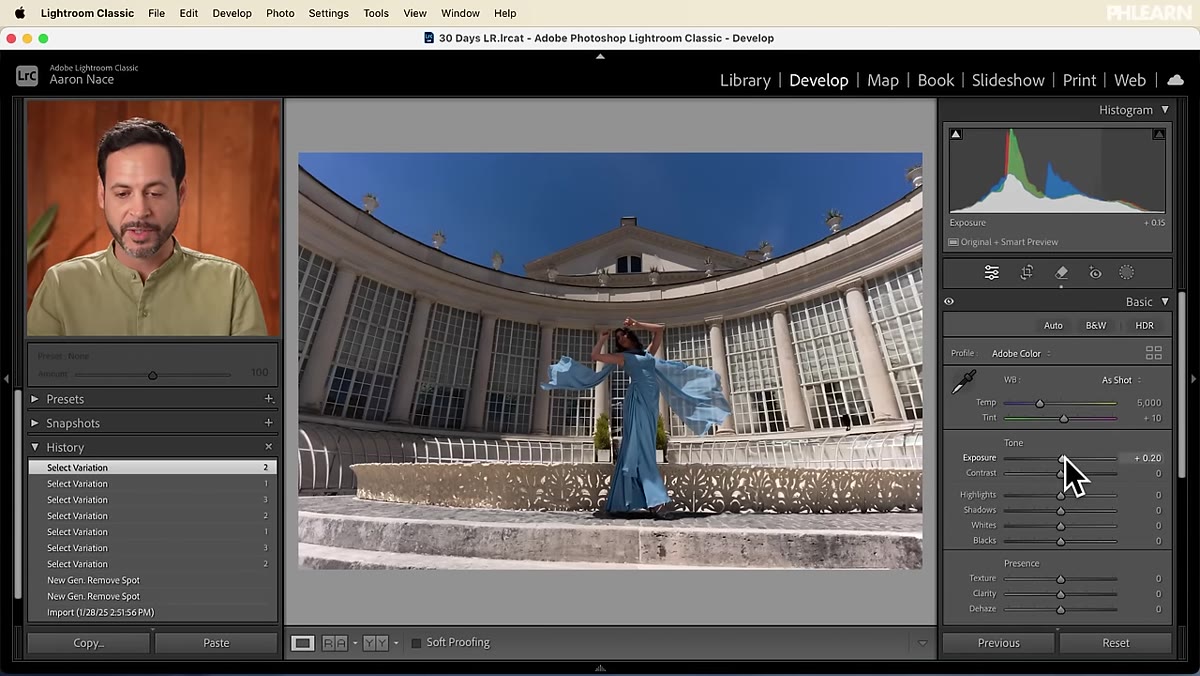Adjusting Exposure and Vibrance sliders in the Basic panel
