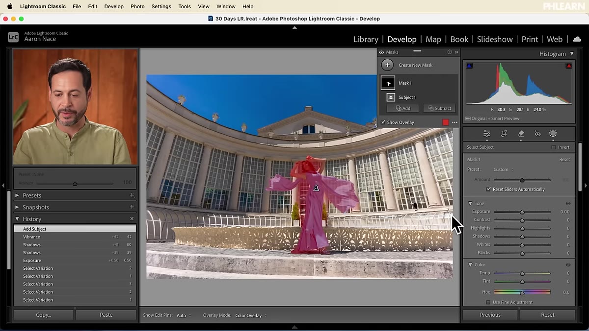 AI subject mask applied with Exposure adjustment in Masking panel