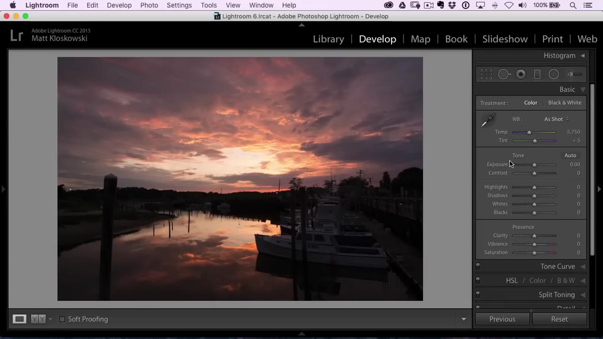 Basic panel open, Exposure slider highlighted in Lightroom