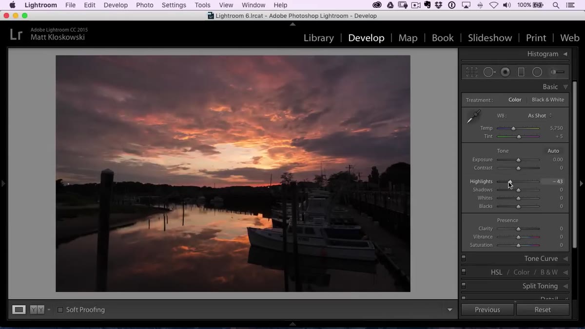 Highlights slider pulled left, sky detail returning in preview