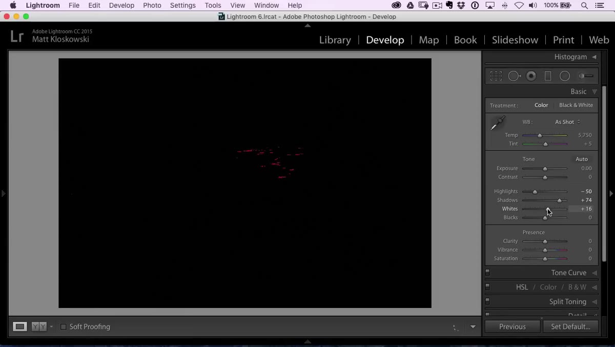 Alt-click on Whites slider showing clipping preview overlay