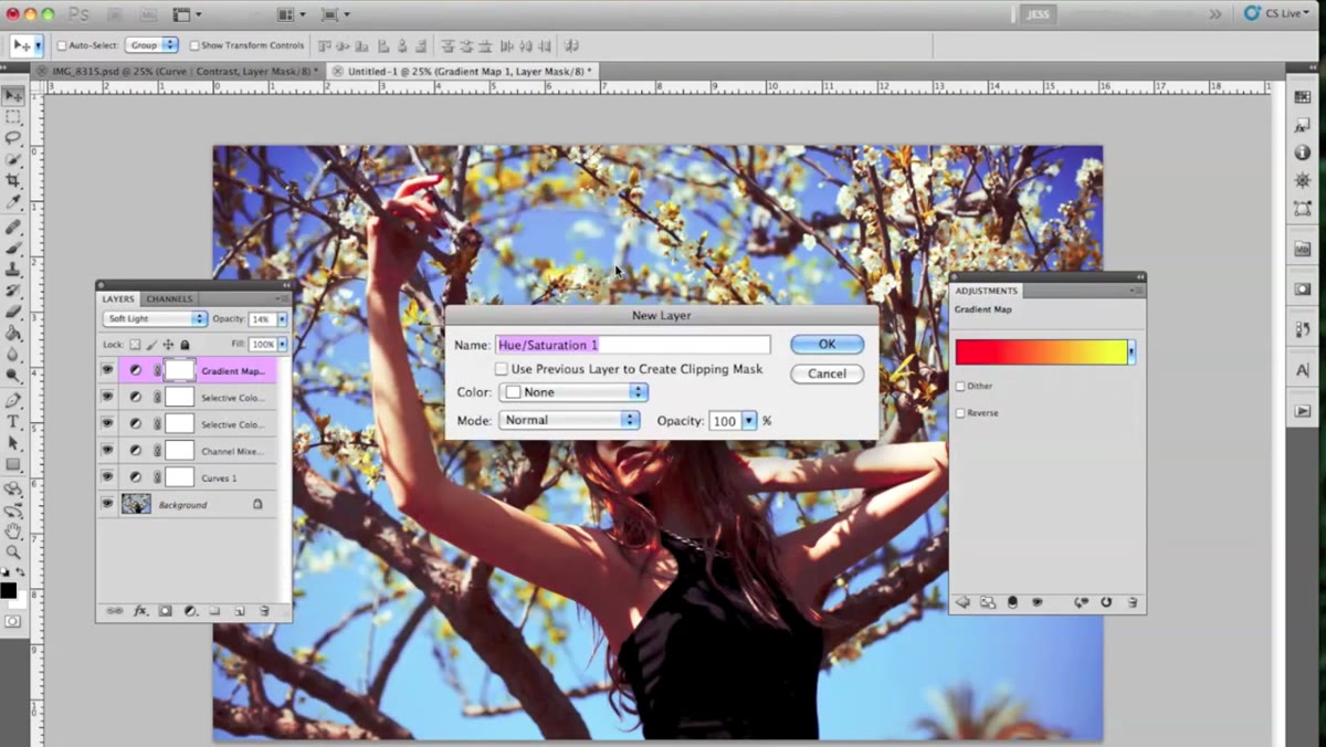 Hue/Saturation panel open, image showing color shift