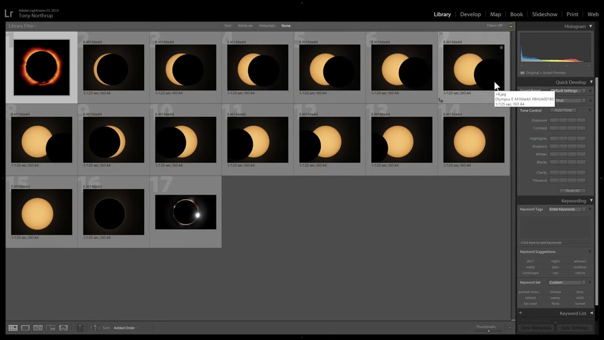 Lightroom library grid showing multiple eclipse image thumbnails