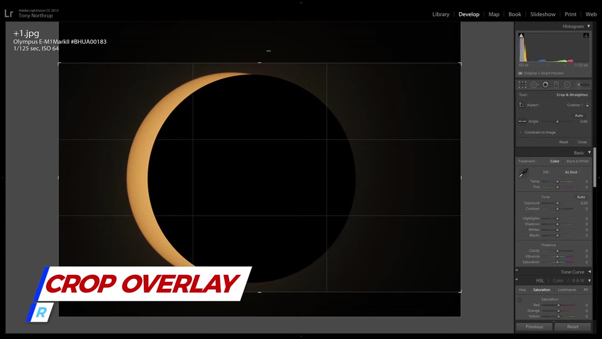 Lightroom Develop module with crop tool active on eclipse photo