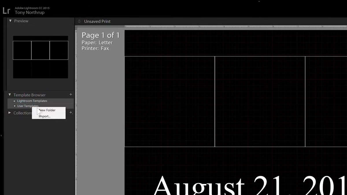 Lightroom Print module with template browser panel open on left