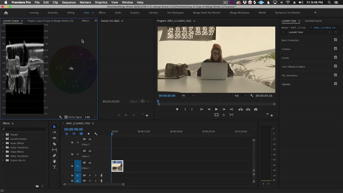 Basic corrections panel open on flat Blackmagic footage