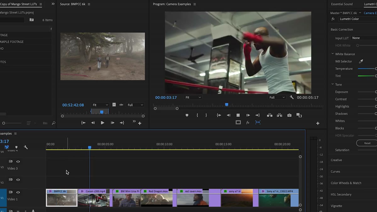 Multiple camera clips in timeline with contrast adjustments applied