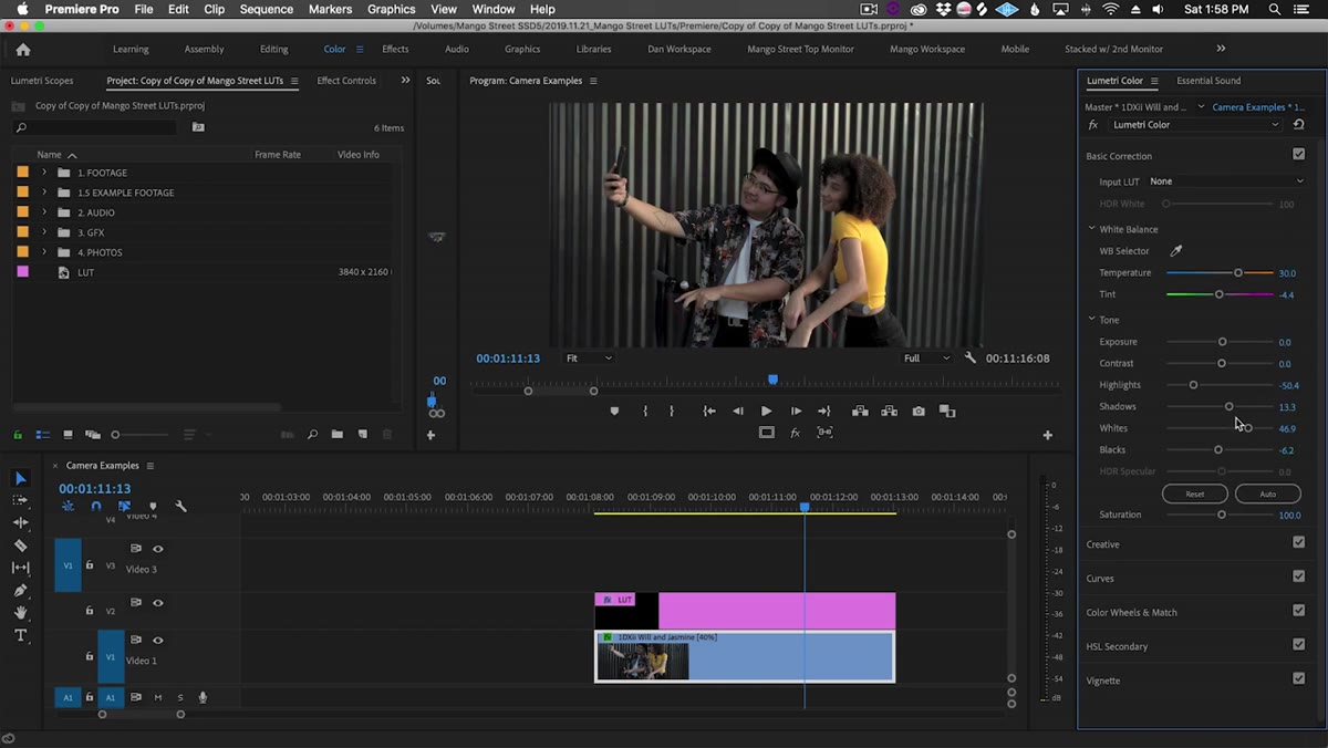 Neutral profile Canon 1DX footage with LUT intensity slider reduced