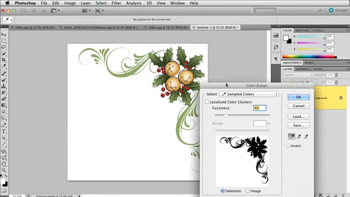 Color Range dialog open with eyedropper on white background