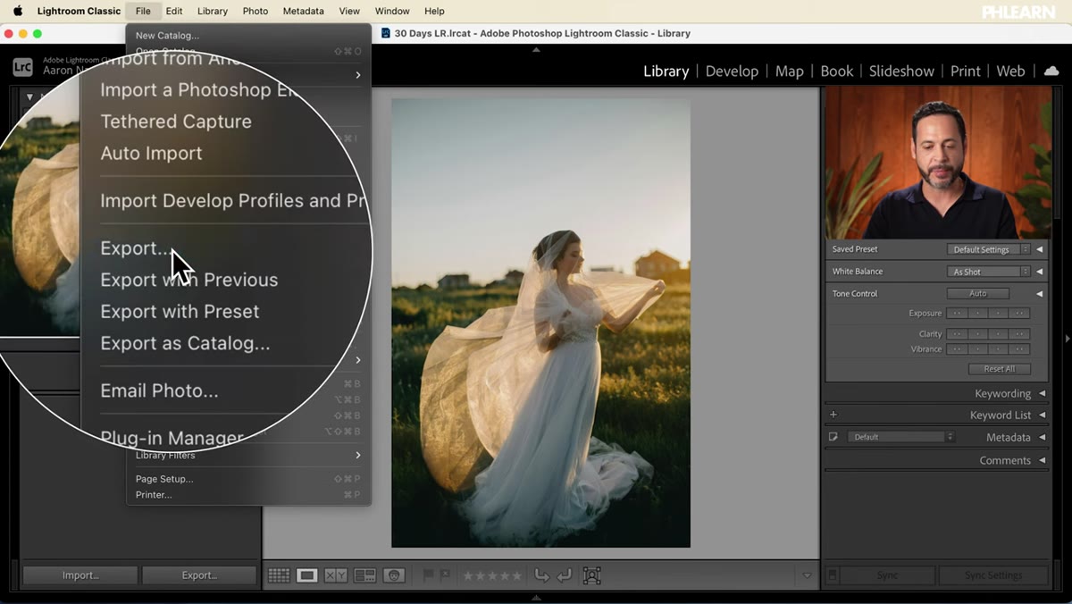 File menu open, cursor hovering over Export option