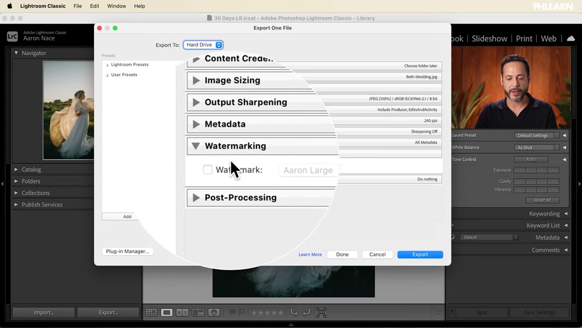 Export panel scrolled to Watermarking section, checkbox being clicked