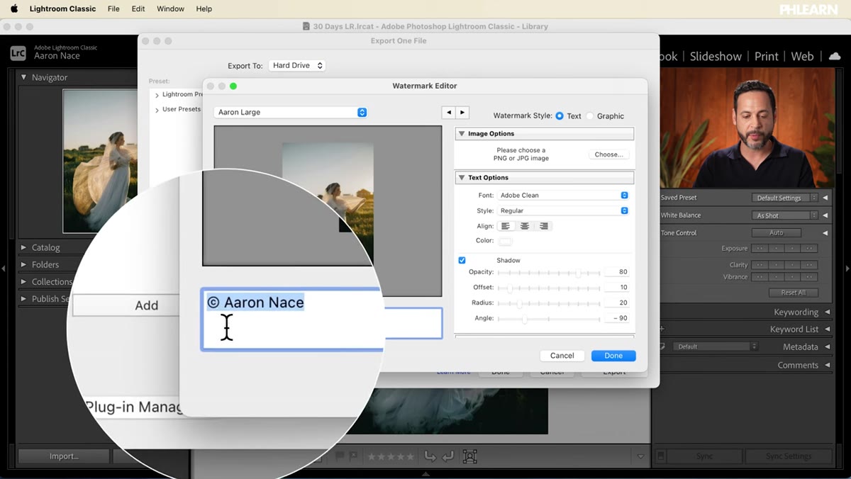 Watermark editor open, name typed into text field, visible on preview photo