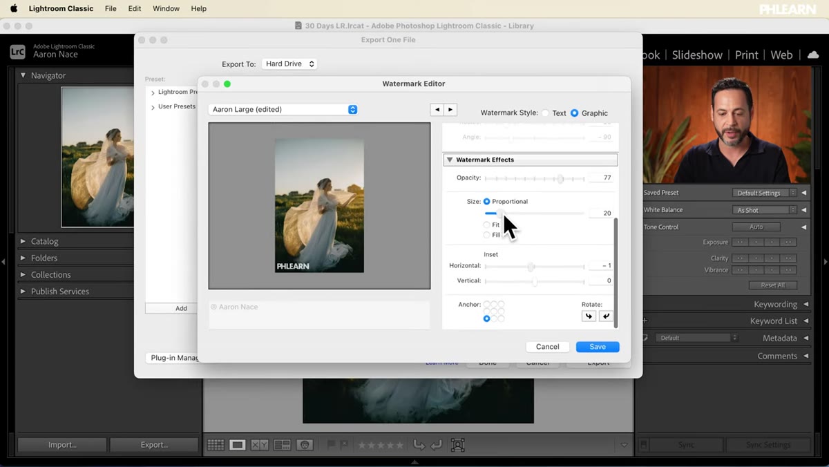 Size slider being dragged, large centered logo visible across the wedding photo