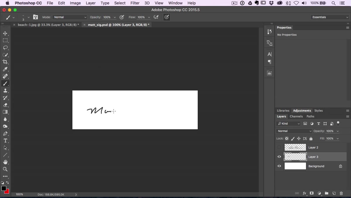 Signature being drawn on Photoshop canvas with brush tool