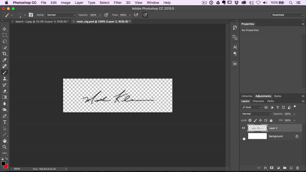 Photoshop canvas showing transparent checkered background with signature only