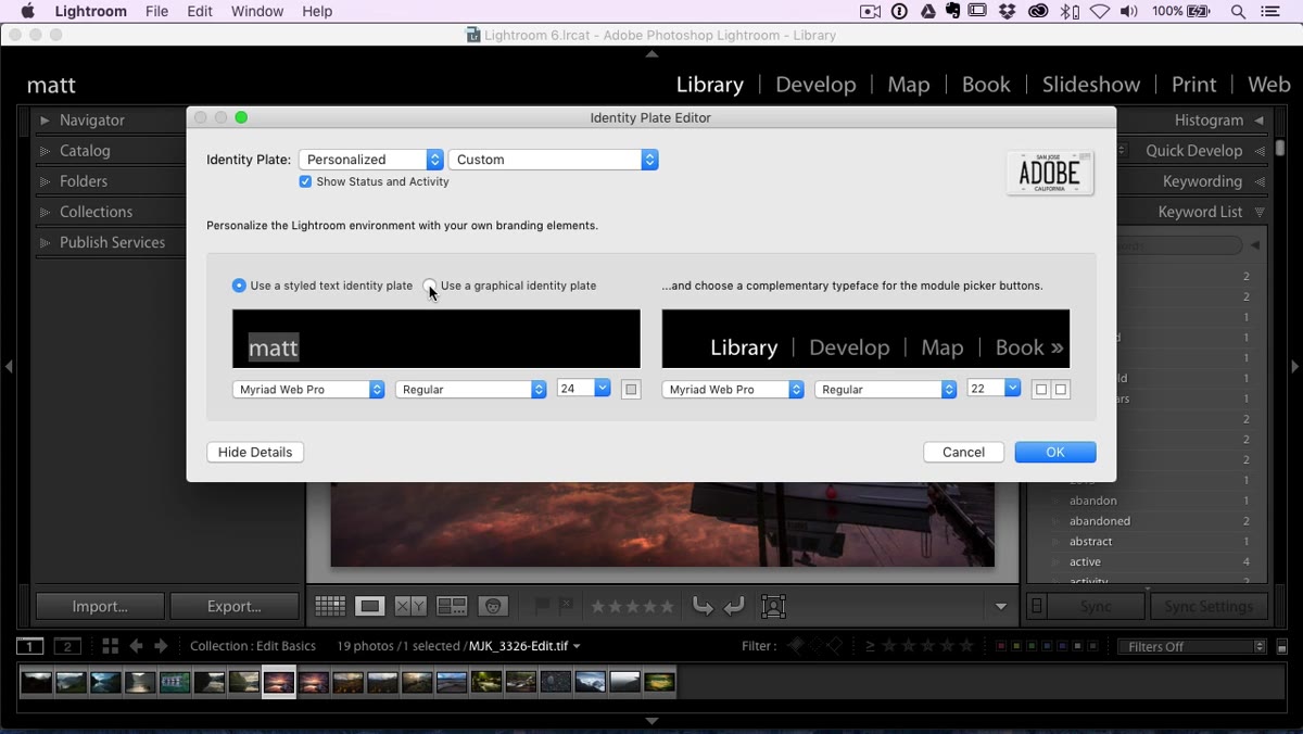 Identity plate preview showing signature graphic loaded in Lightroom